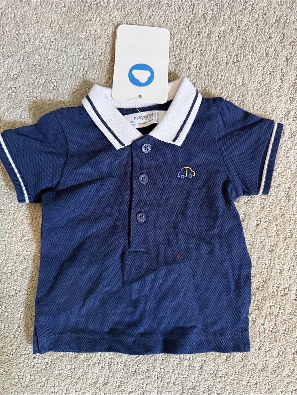 Mayoral Navy Polo with White Trim and Yellow Car Embroidery